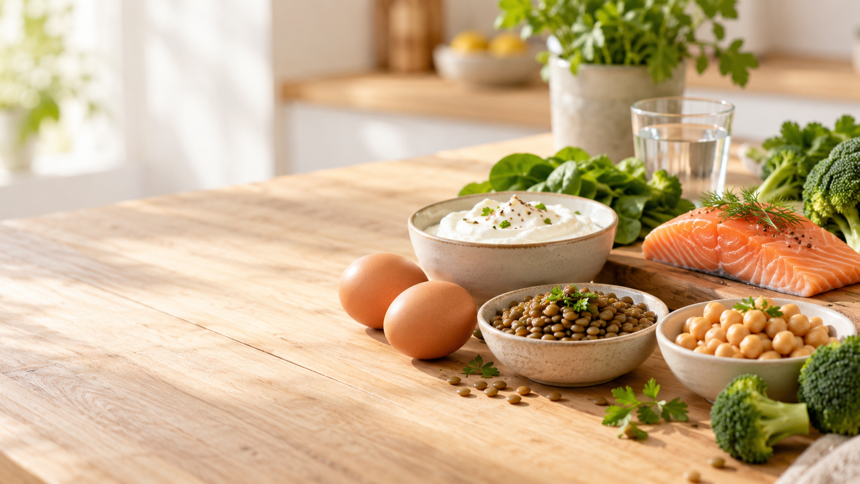 Œufs, saumon, lentilles, pois chiches et légumes : des sources de protéines variées